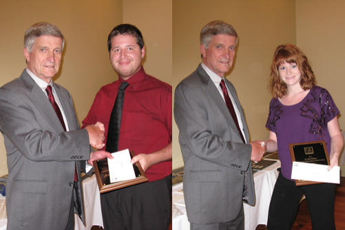 Dr. Bill Williams awards endowment scholarship to Jeremy Gonzalez (l) and Manda Cole (r)