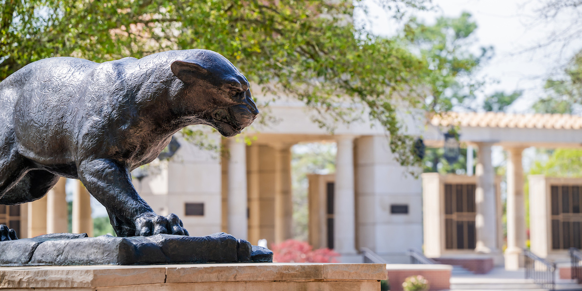 Bronze jaguar statue with Moulton Tower in the background