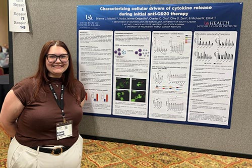 Graduate students stand in front of their research posters
