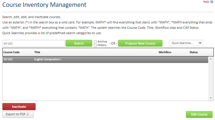Course Inventory Management with EH 101 selected