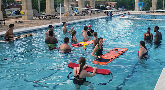 Lifeguards swimming in pool