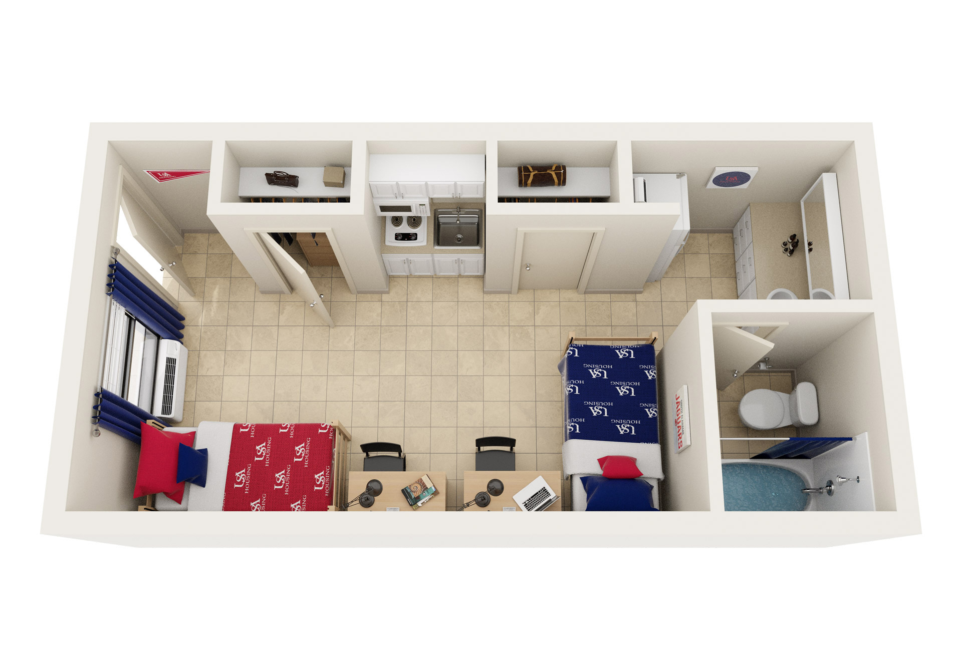 3D floor plan of Delta Room for 2 with Kitchenette