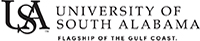 USA Black Logo with the words University of South Alabama and Flagship of the Gulf Coast to right of logo