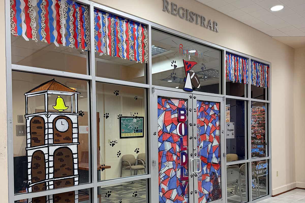 Registrar's office decorated for Homecoming.