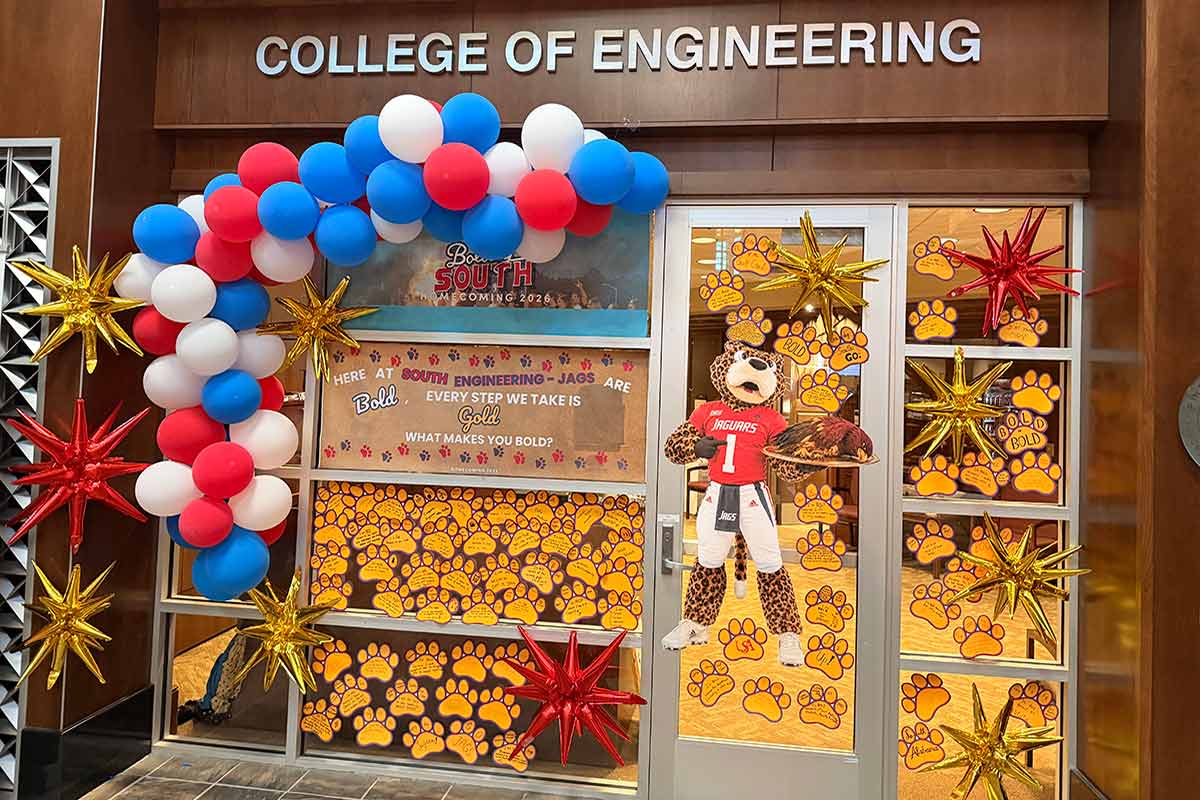 College of Engineering decorated with Southpaw and paws.