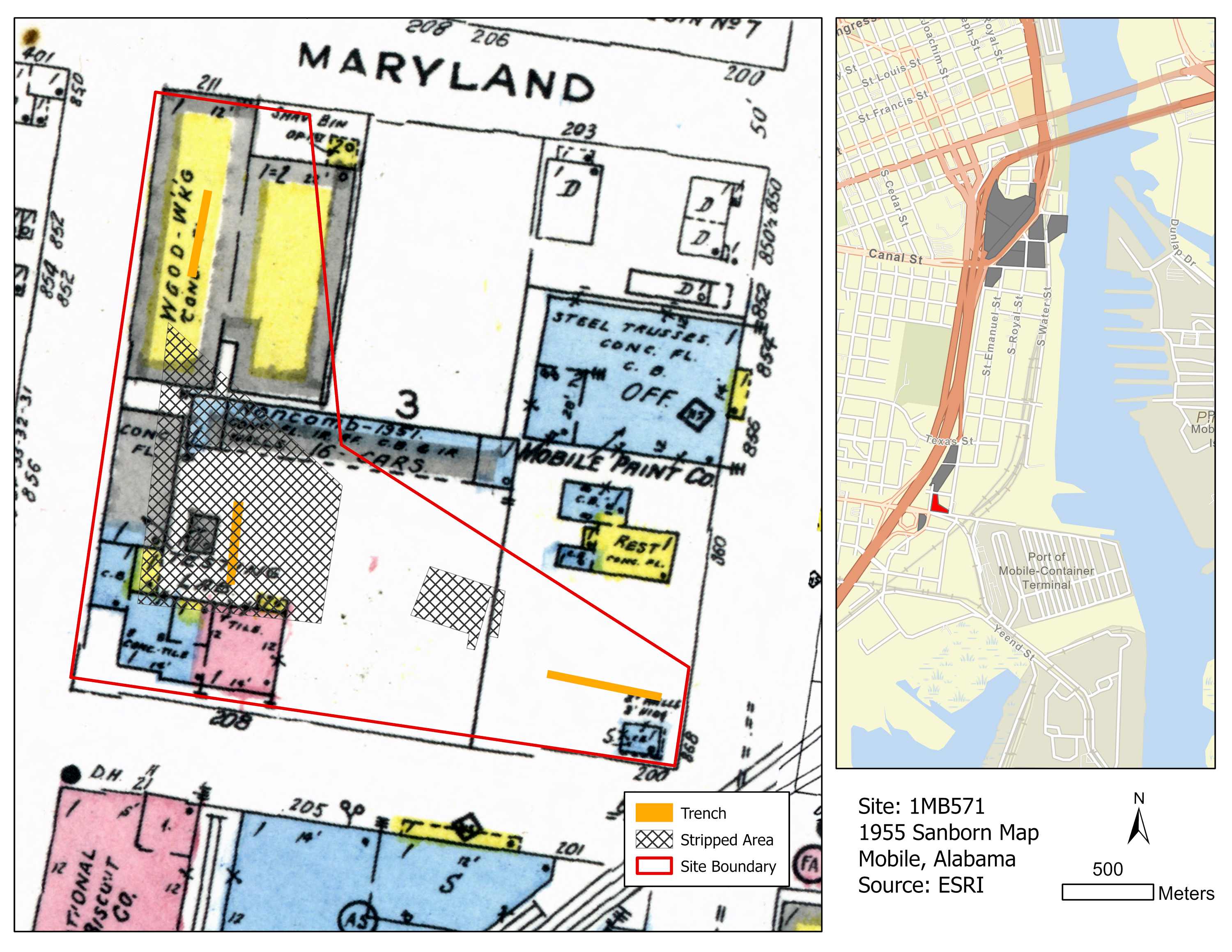 Historic map showing structures in 1955 and archaeological excavations