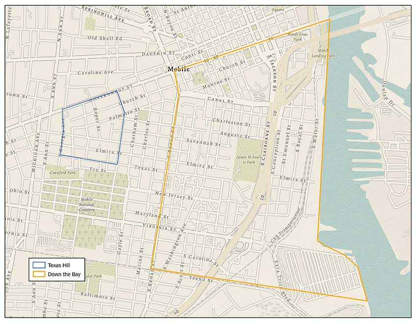 The location of the Texas Hill neighborhood (as described by Clarence Lott Jr. in an interview with Dr. Kern Jackson in 1999) in juxtaposition to the rest of the Down the Bay area (as roughly described in oral history interviews).